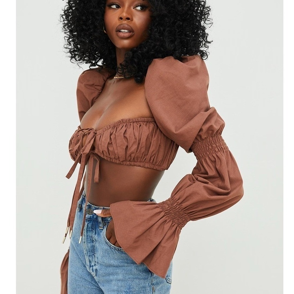 House of CB Molly Shirred Top XS Chocolate Puff Sleeve Romantic Cottagecore Sexy
